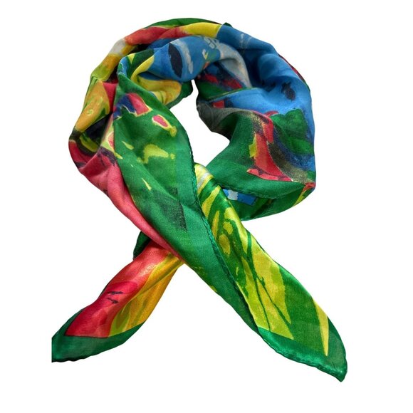 Colorful Abstract Print 100% Silk Scarf With Green Red Yellow & Blue Vintage - Picture 1 of 8